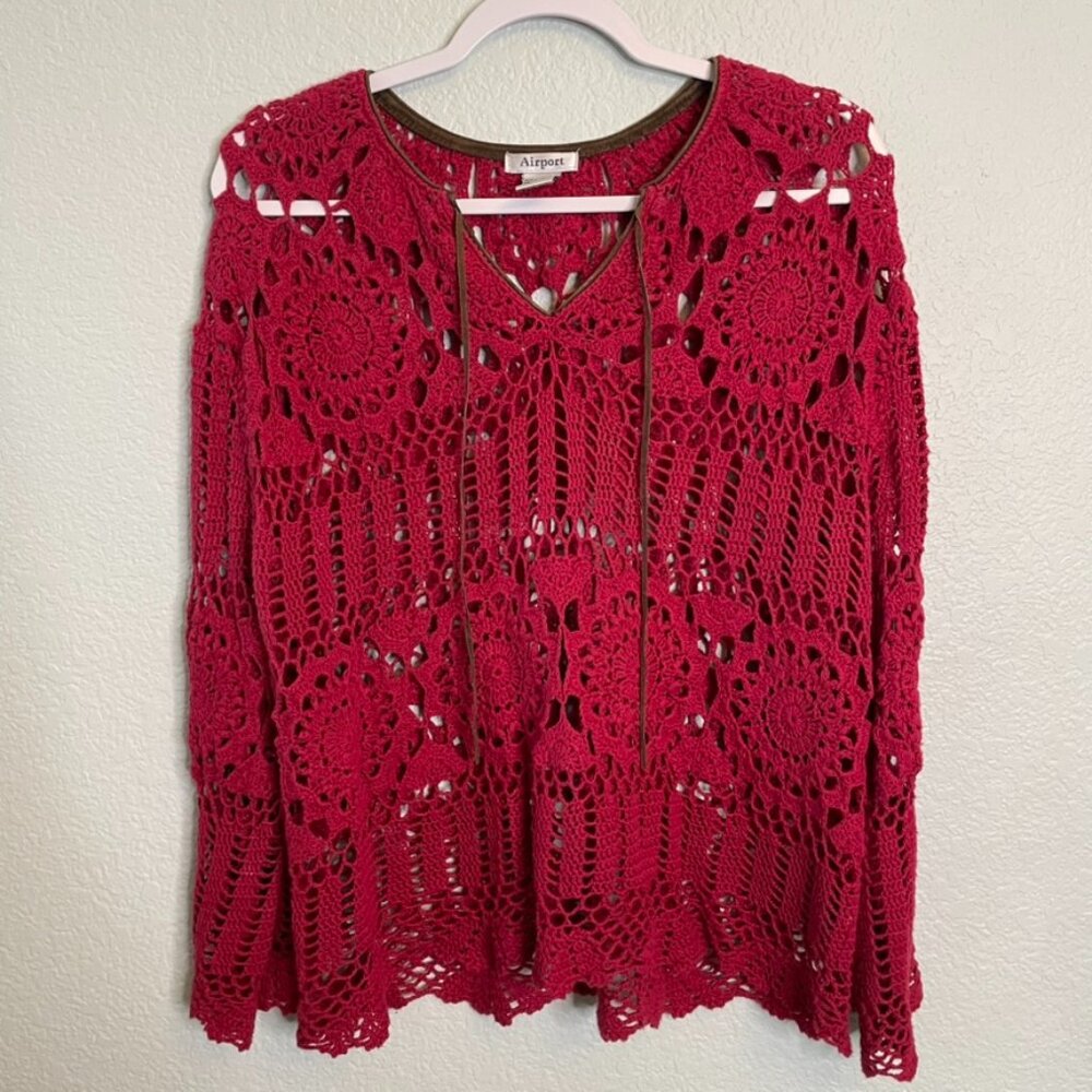 Airport Red Crochet Knit Suede Boho Flowy Festical Ramie Cotton Top | Large